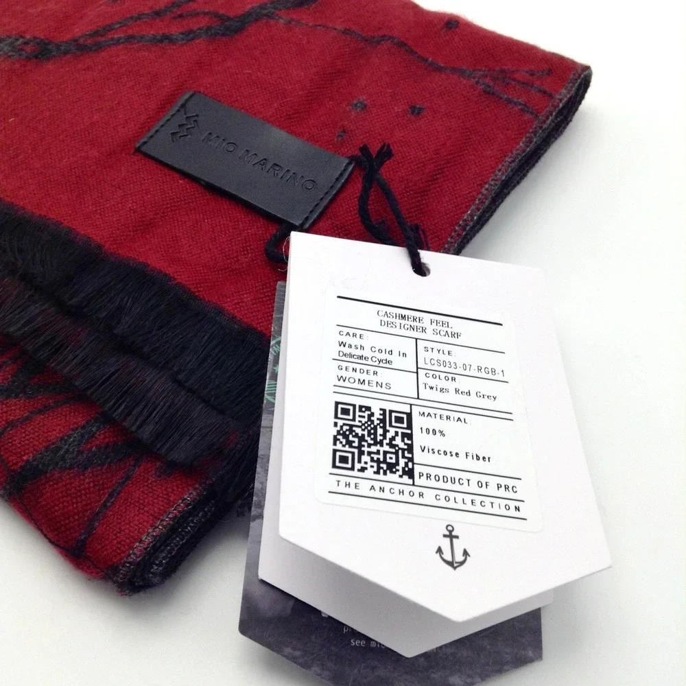 Mio Marino Women's Cashmina Designer Scarf Soft Fringe Twigs Red Grey Black‎